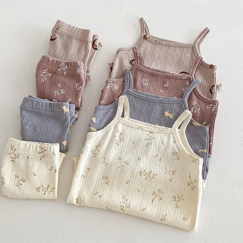 Girls' Camisole Shorts Two-piece Set Breathable Home Clothing Cotton Summer Casual Pyjama Set for Kids Ages 2-6 Years Pink Floret Beige Small Flower Moon Blue Rabbit Multiple Sizes 90-140cm