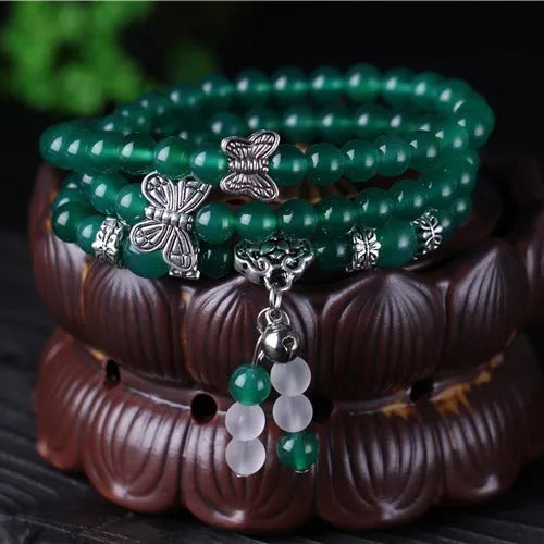 Natural green agate multi-layer bracelet with 6mm beads in three-circle design