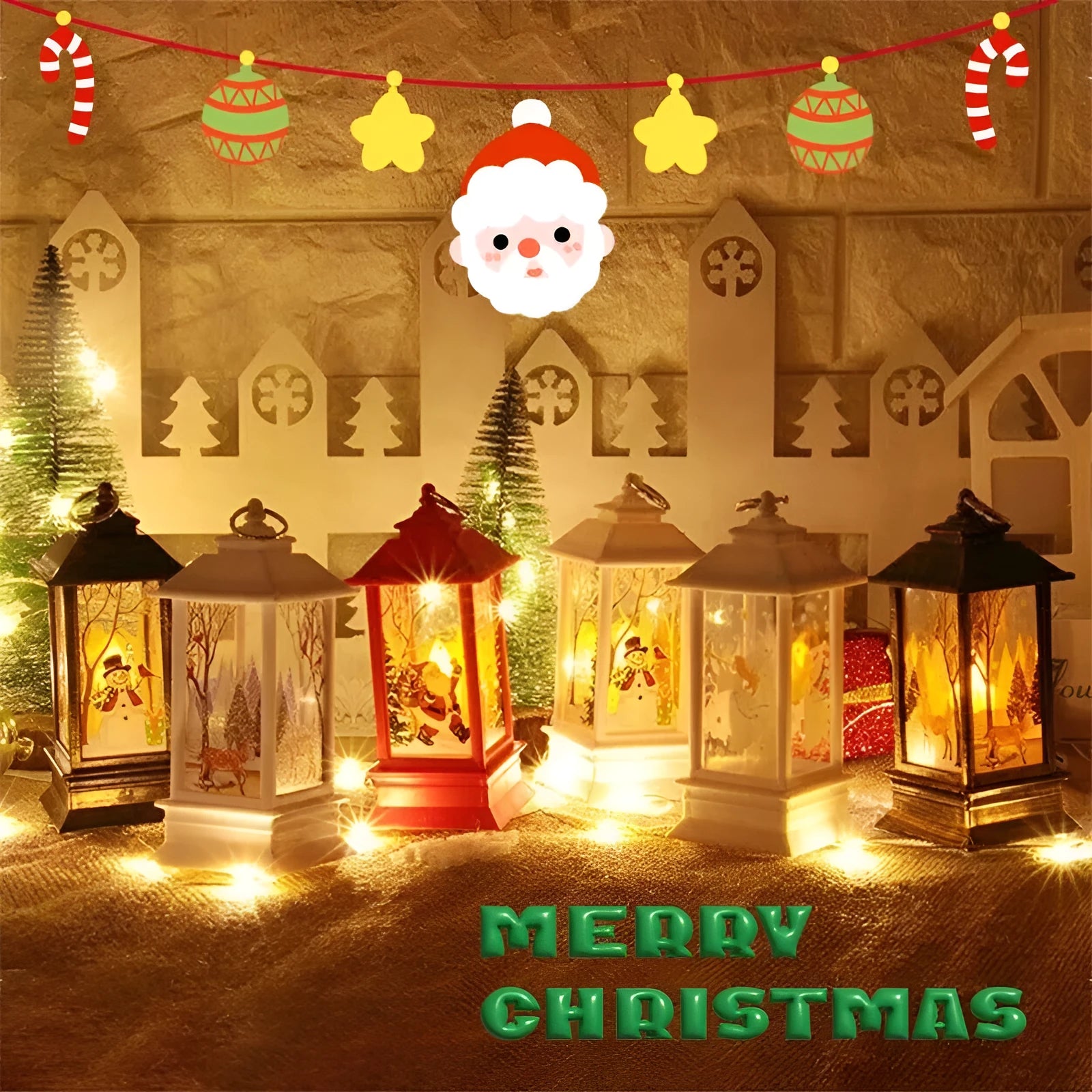 Christmas portable oil lamp with Santa Claus LED design in gold colour on white background