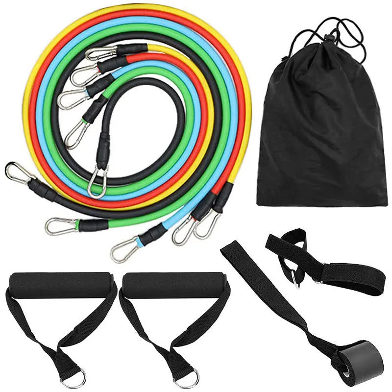 TPE home training elastic band rope set with 11-piece carabiner pull rope and 15LB to 35LB resistance levels