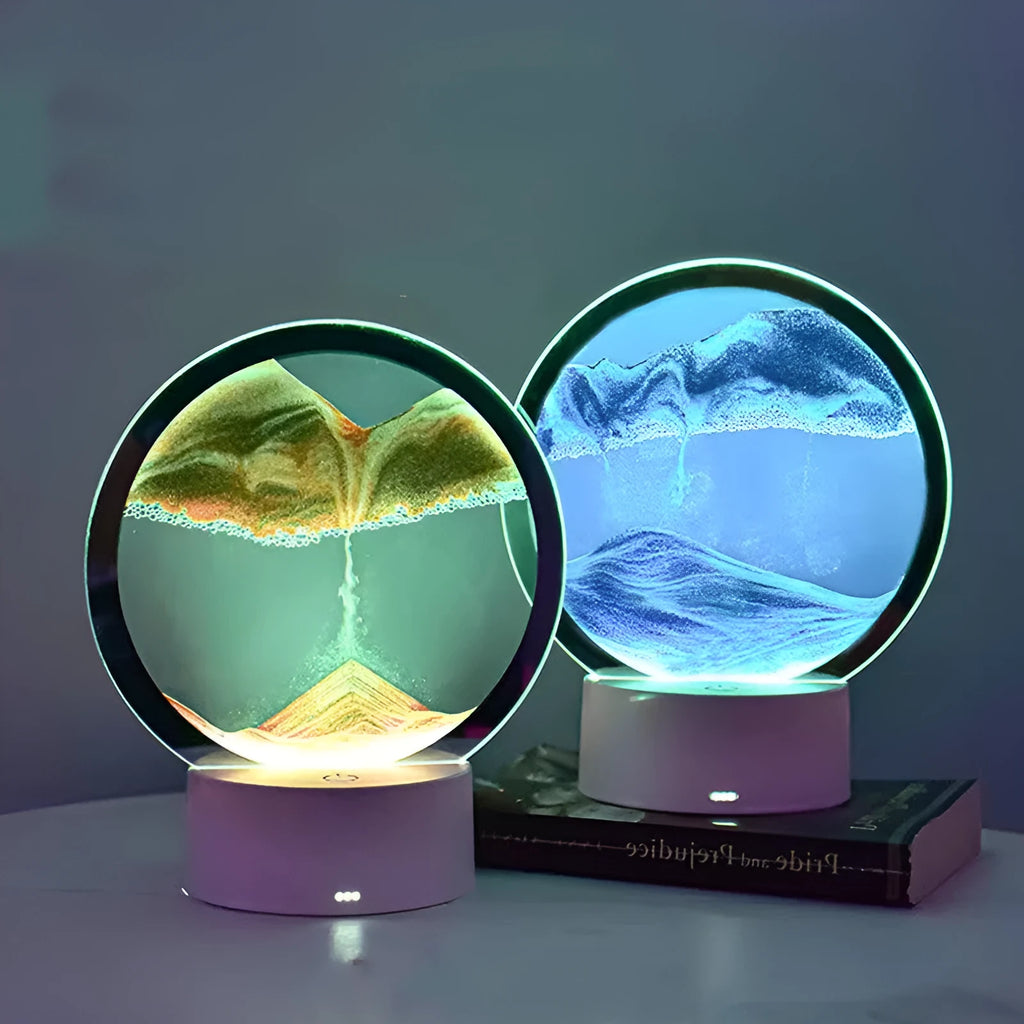 Creative 3D Quicksand glass table lamp with touch control and USB plug, showing blue light.