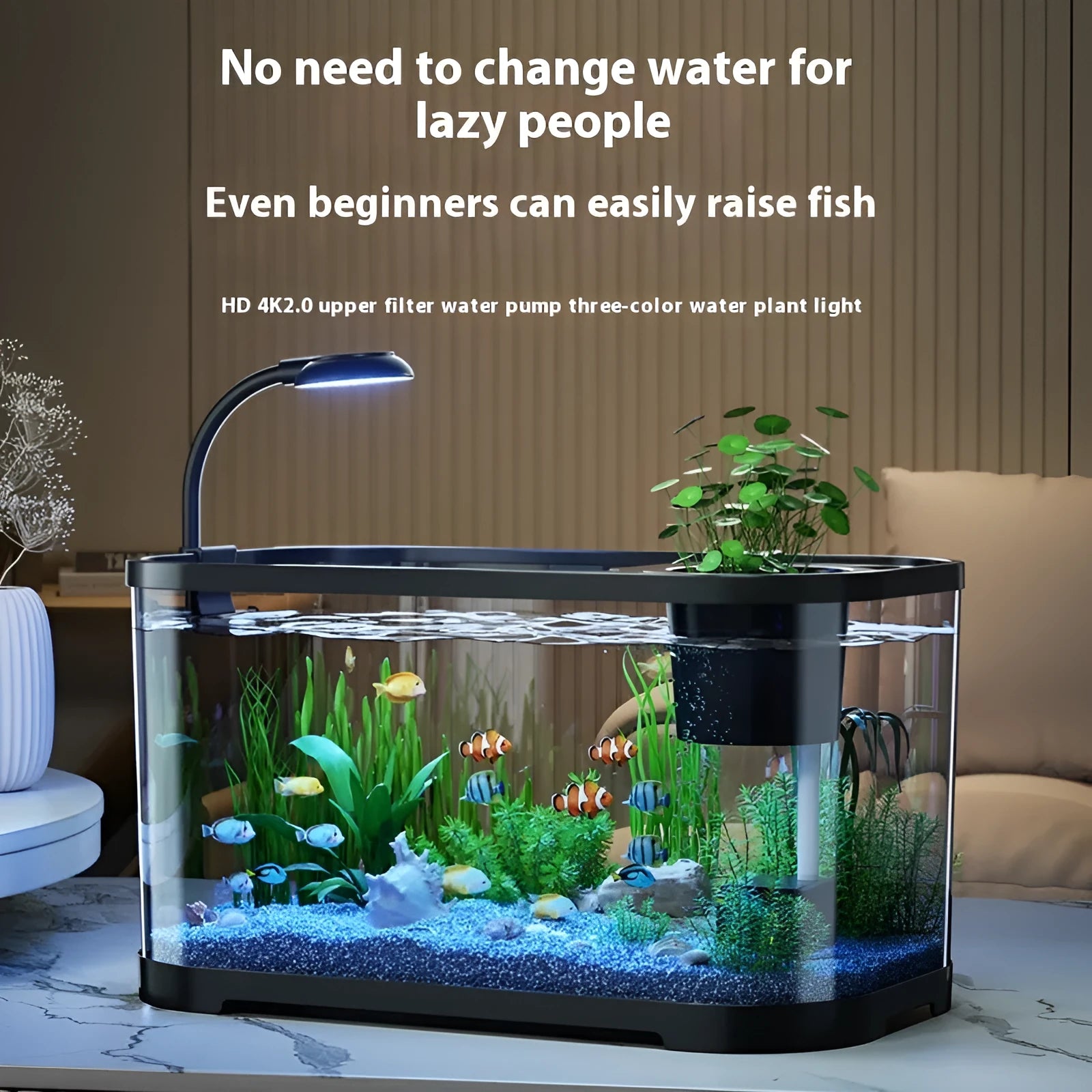 Ecological desktop fish tank with integrated filter system in luxury white colour