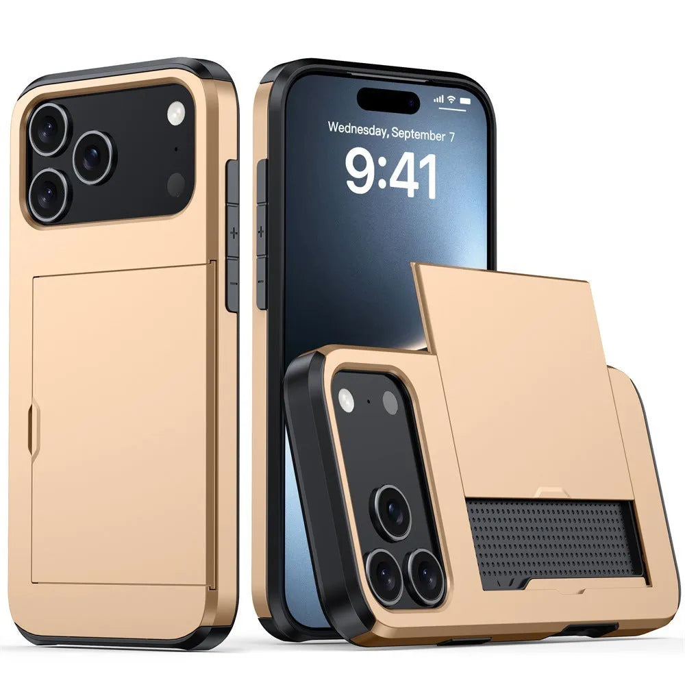 Sliding card case for Apple iPhone in various colours showing card insertion slot and shockproof design
