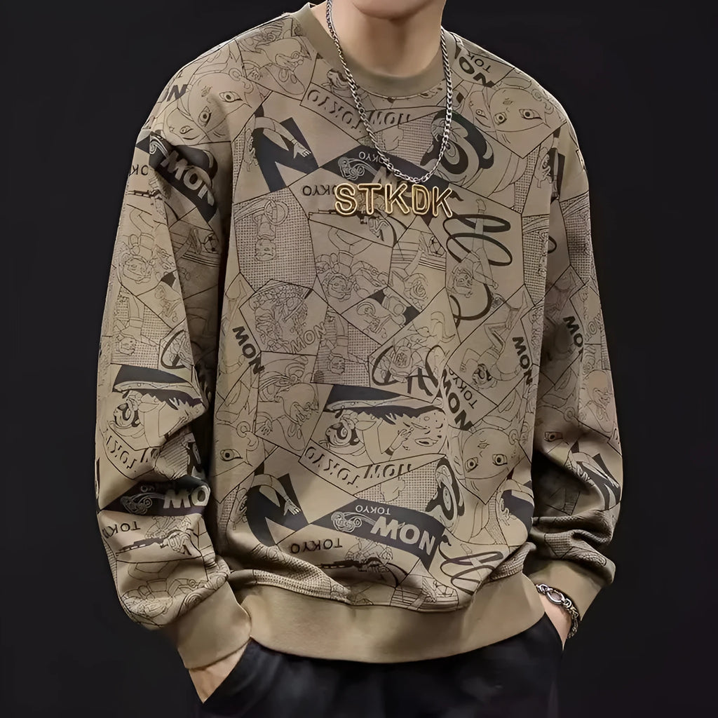 Men's round neck print sweatshirt, long sleeve loose fit, wool lined, brown or green, sizes XS to 5XL