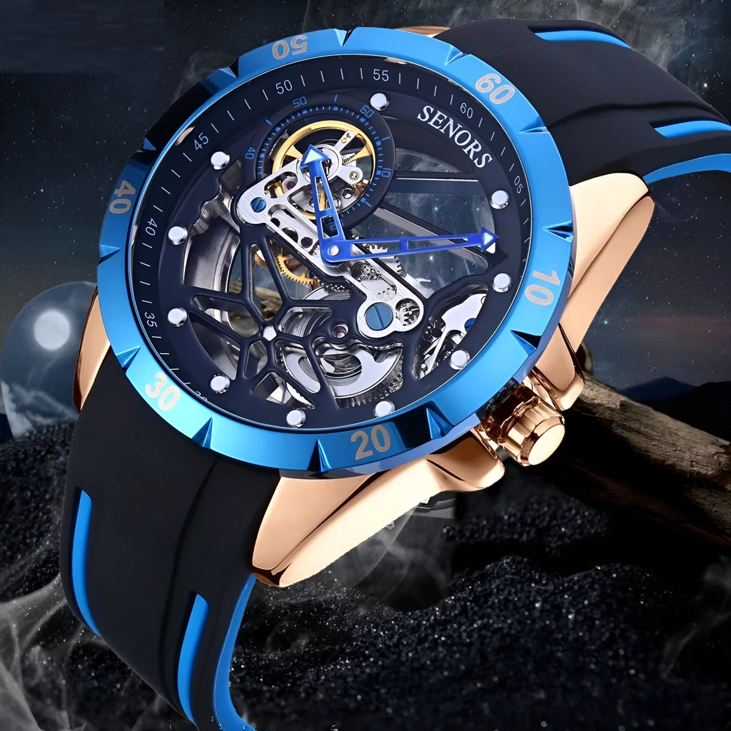 Men's skeleton automatic watch with rose gold finish showing mechanical movement through open dial