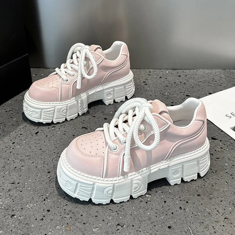 Spring muffin bottom leather shoes in beige or pink with viscose upper and rubber foam sole