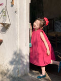 Children's cotton sleeveless A-line dress in rose red for girls summer wear