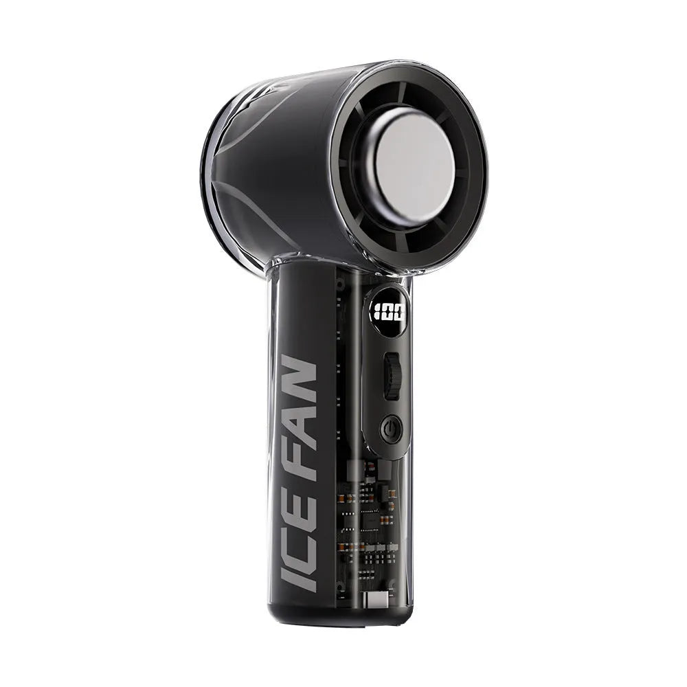 Portable handheld fan with refrigeration function in black, white or yellow colours showing compact design