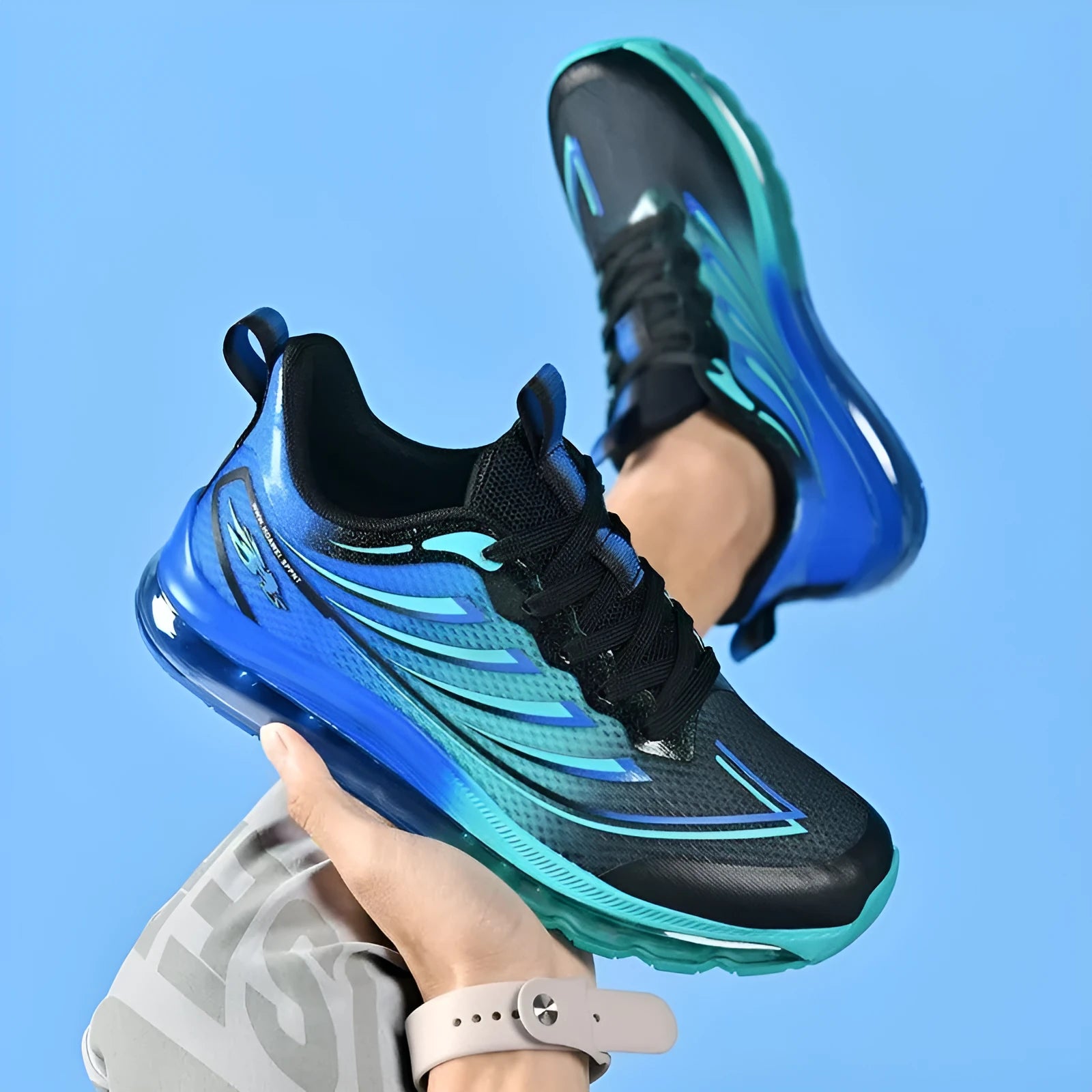 Men's woven fabric sneaker in size 48, shown in black blue colour with round toe and mid-height design.
