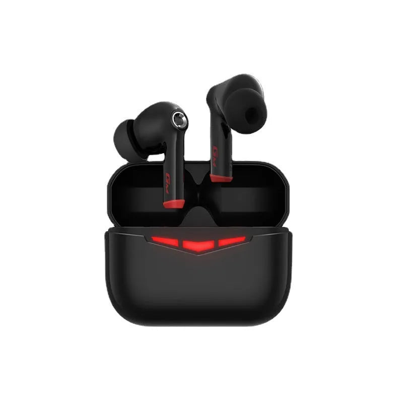 Black true wireless gaming earbuds and charging case on a dark surface, showing in-ear design.