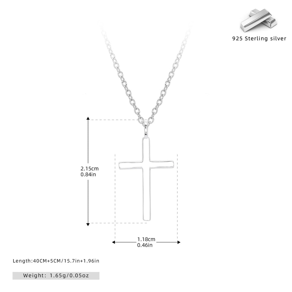 S925 sterling silver necklace with a simple glossy cross pendant on an O-shaped clavicle chain.