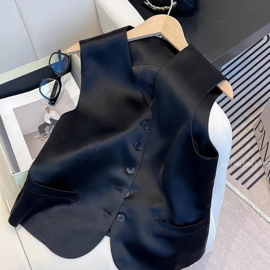 Black satin women's sleeveless vest with loose fit and splicing design elements
