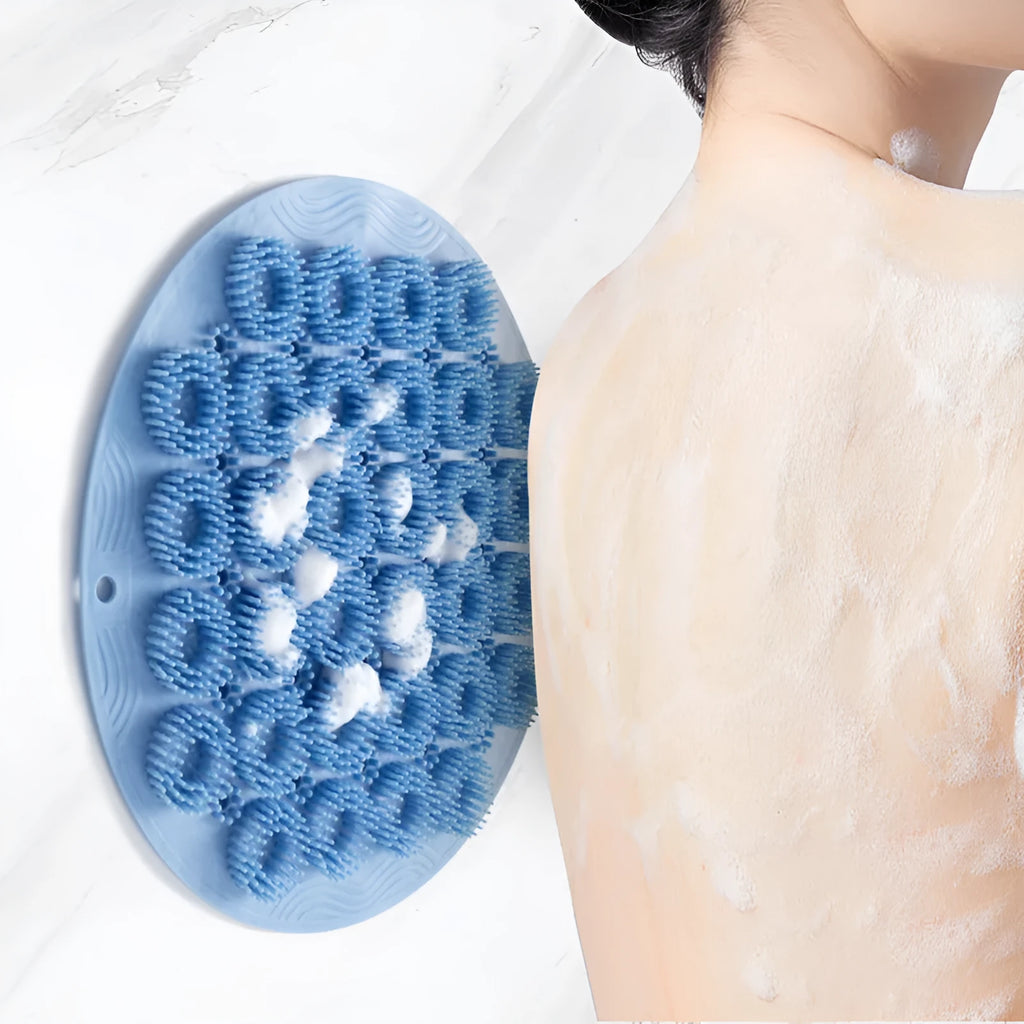 Silicone back bath brush with suction cup wall mount in Sky Blue, 30x30cm