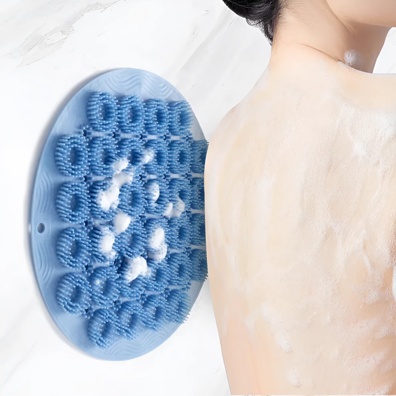 Silicone back bath brush with suction cup wall mount in Sky Blue, 30x30cm