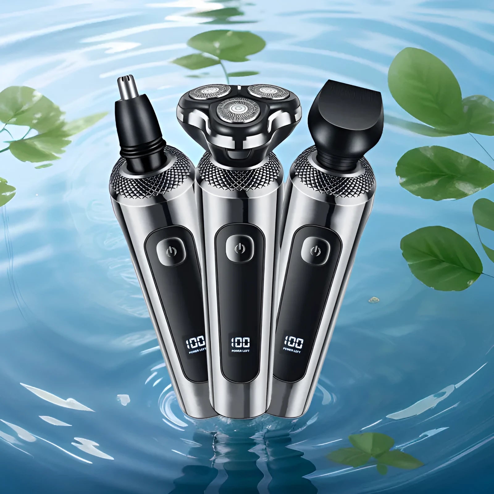 Black USB rechargeable beard trimmer with LED display on a digital display base.