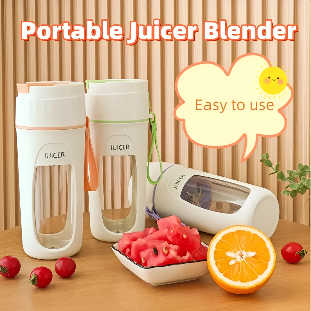 Portable USB charging blender with borosilicate glass cup in grass green, light purple and fresh orange colours