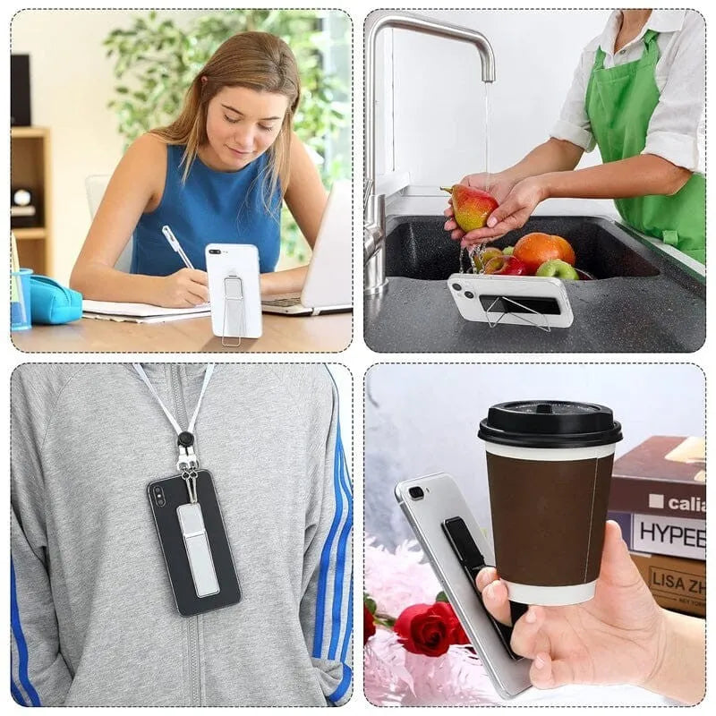 Mobile phone non-slip hand strap horizontal and vertical stand in black plastic