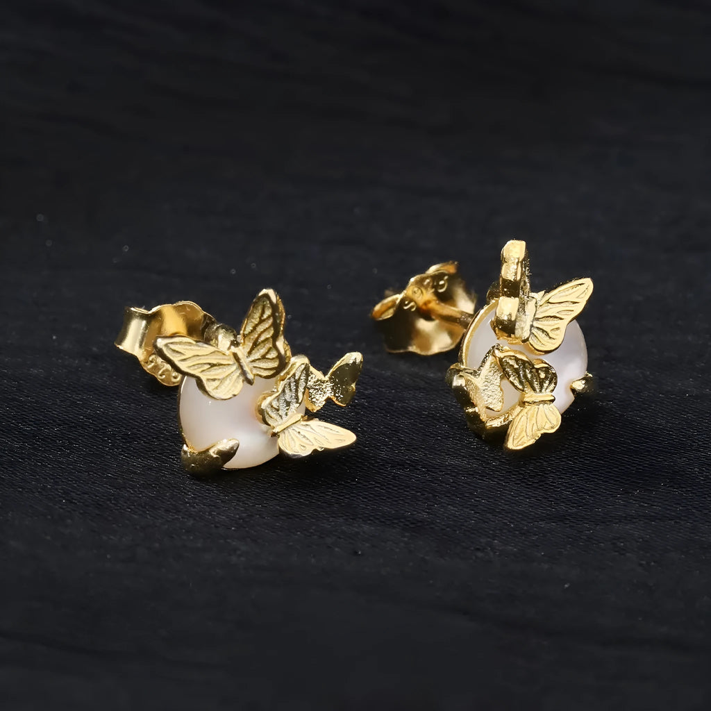 Butterfly-themed 925 silver ear studs with electroplated gold or white gold colour finishes