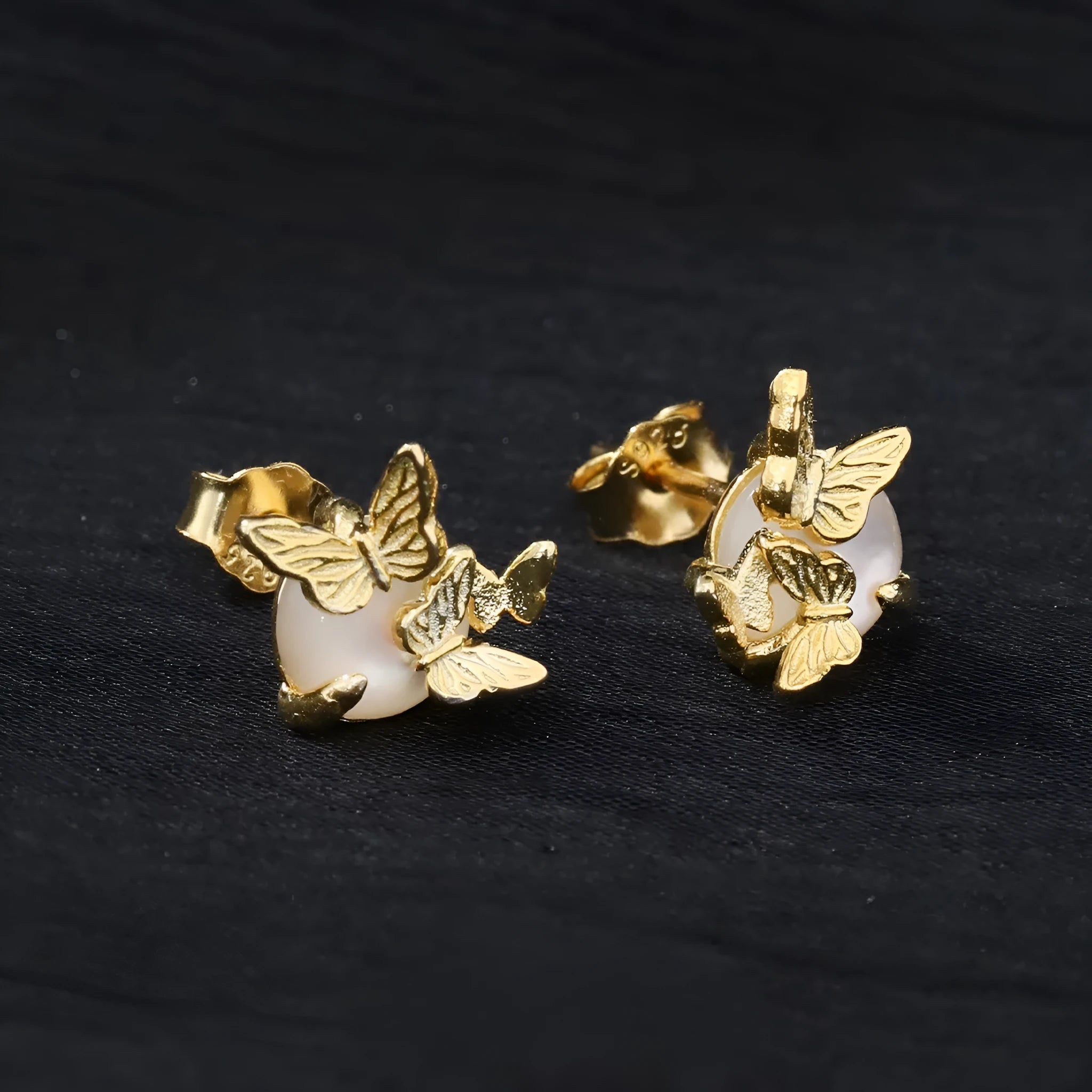 Butterfly-themed 925 silver ear studs with electroplated gold or white gold colour finishes