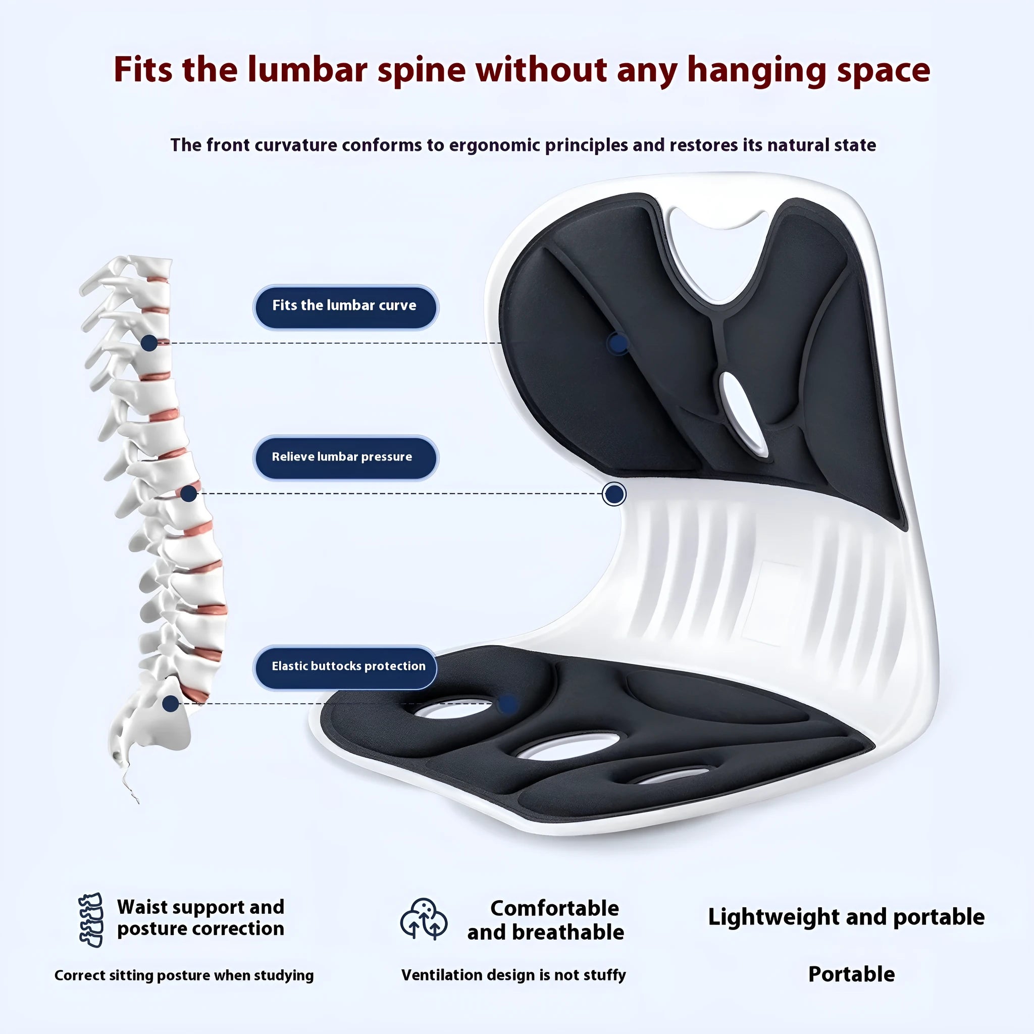 Grey lumbar support cushion with sponge filler for back comfort during extended sitting