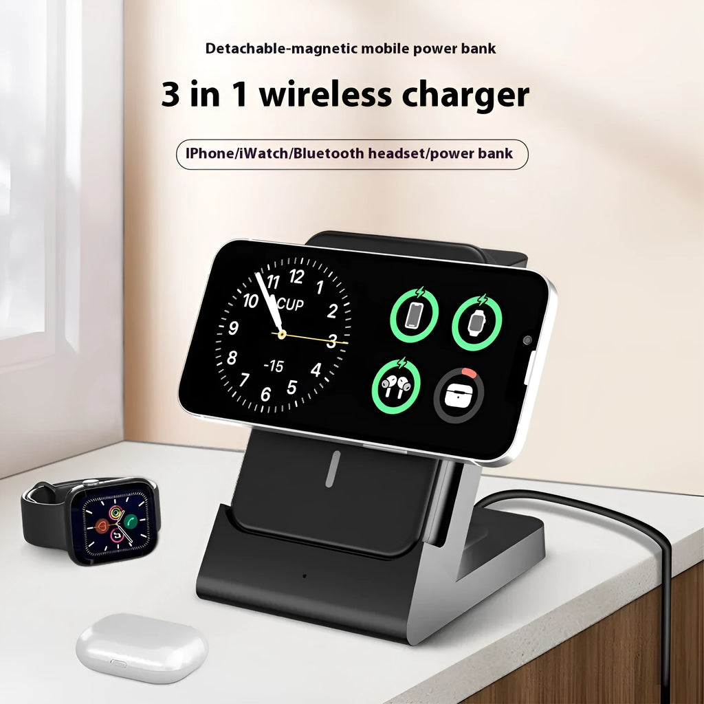 Multifunctional detachable four-in-one wireless charger with 5000mAh power bank, white colour, charging iPhone and Apple iWatch