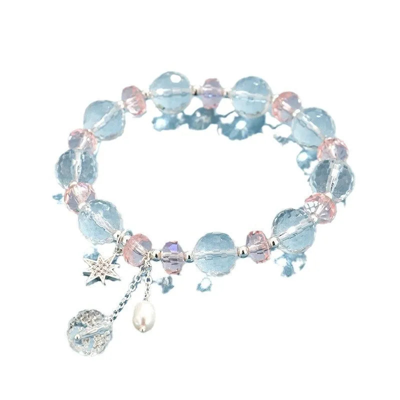 White crystal women's bracelet with diamond shapes and Lucky Cat charm in Korean style design