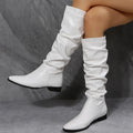 White cowboy boots for women with pointed toe, low chunky heel, side zipper, and high tube, sizes 35-43
