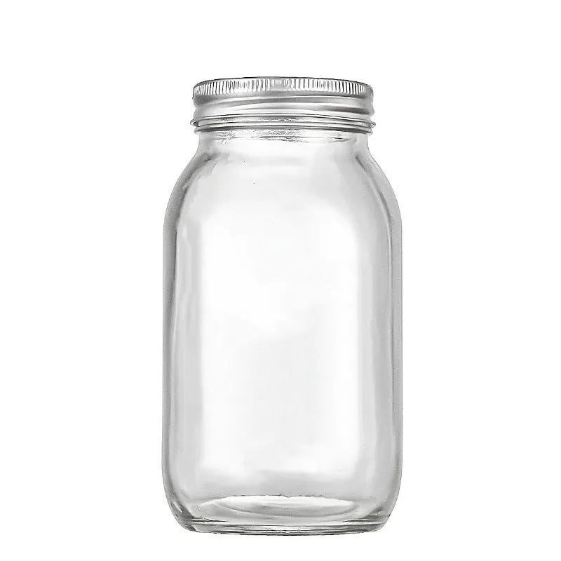 Six transparent 32oz glass storage bottles with airtight wide mouth and glossy finish