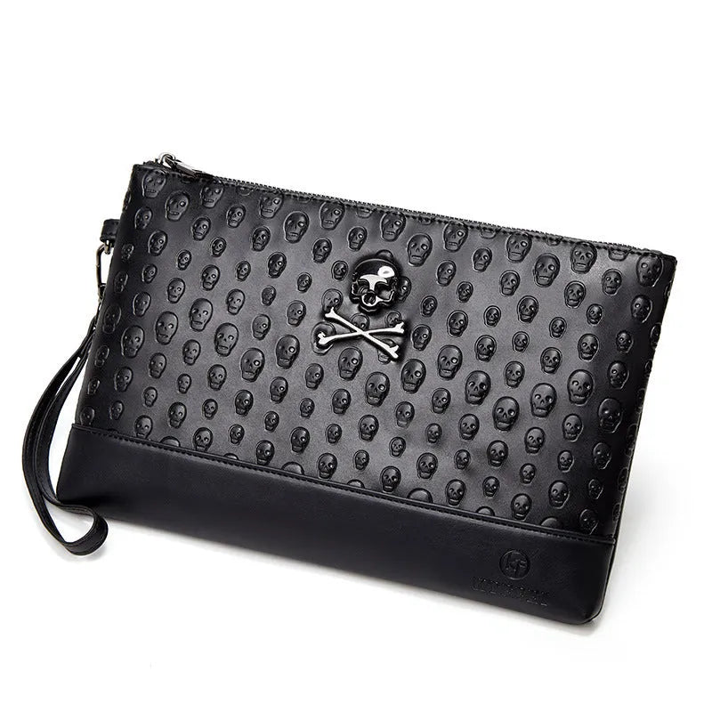 Retro men's and women's skull clutch bag in black, waterproof PU leather, geometric pattern, handheld style