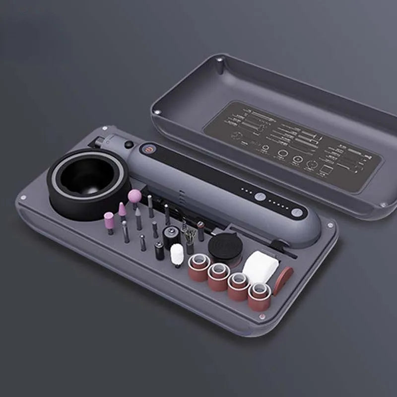 Compact black mini electric grinder set with chuck for cutting and polishing