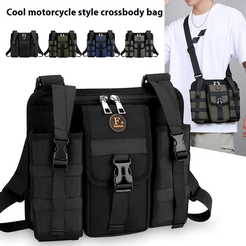 Men's Army Green Oxford cloth messenger bag showing front compartment and shoulder strap.