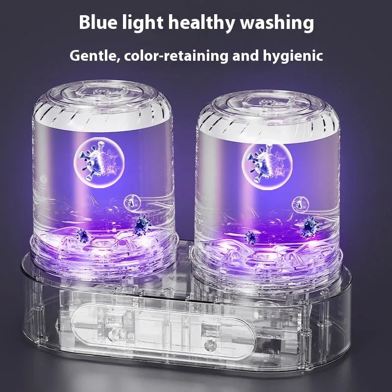 White double bucket USB-powered mini washing machine with two lids and a mechanical timer dial.