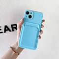 Sky blue colour blocking TPU phone case with a visible card slot for iPhone models.