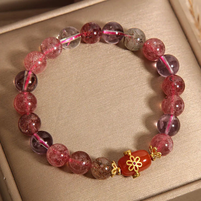 Natural Super Seven crystal bracelet with red agate and white stones in a cartoon style.