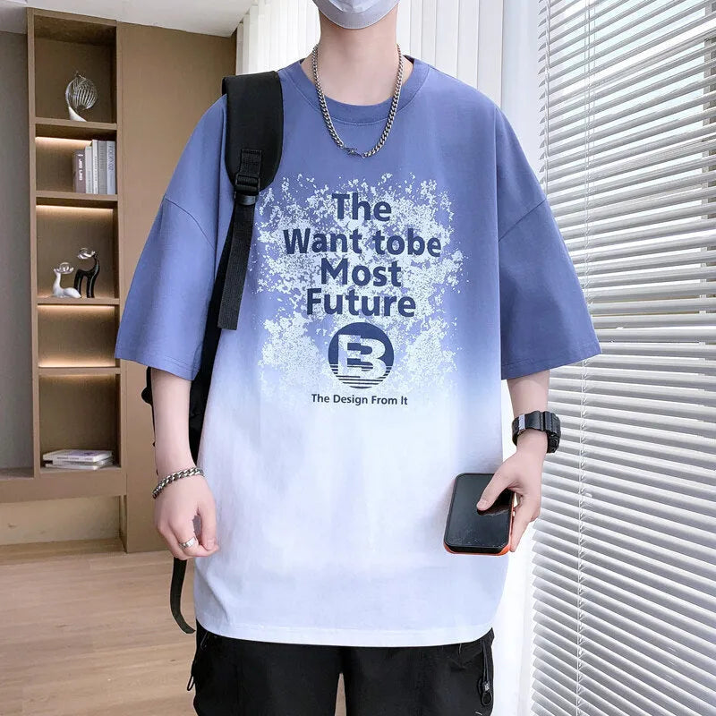Boys printed cotton blend T-shirt in dark blue with Jacquard design and drop shoulders.