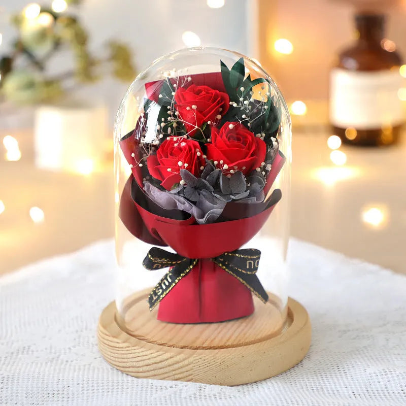 Soap flower bouquet under glass dome cover in red rose option