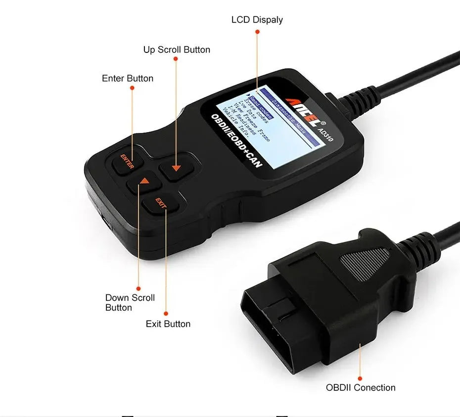 Black universal OBD2 automobile fault detector with engine scanning capability