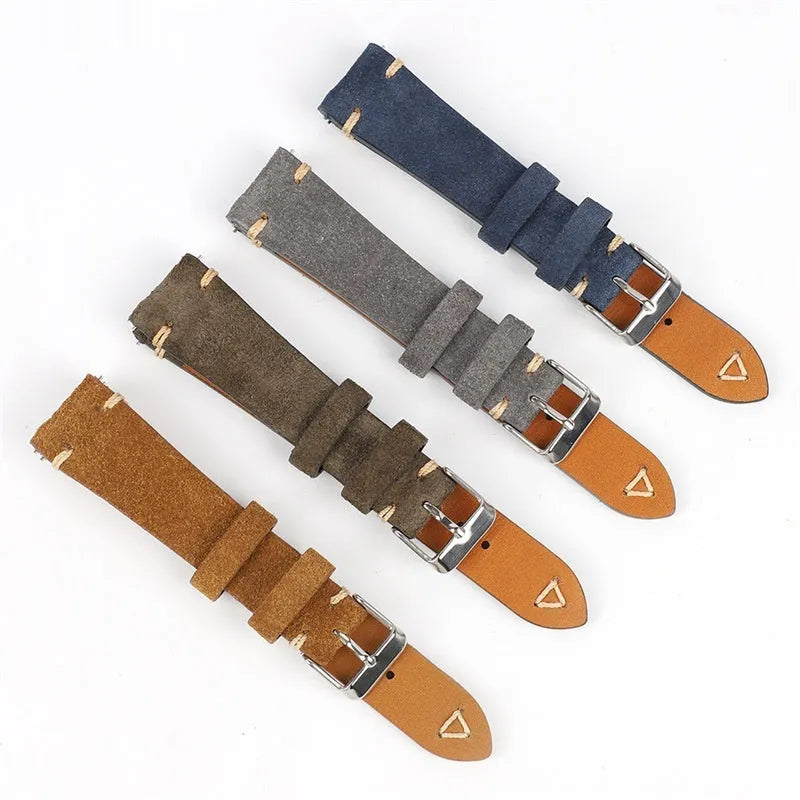 Genuine suede leather watch strap in Army Green, showing texture and buckle, for 20mm or 22mm watches.
