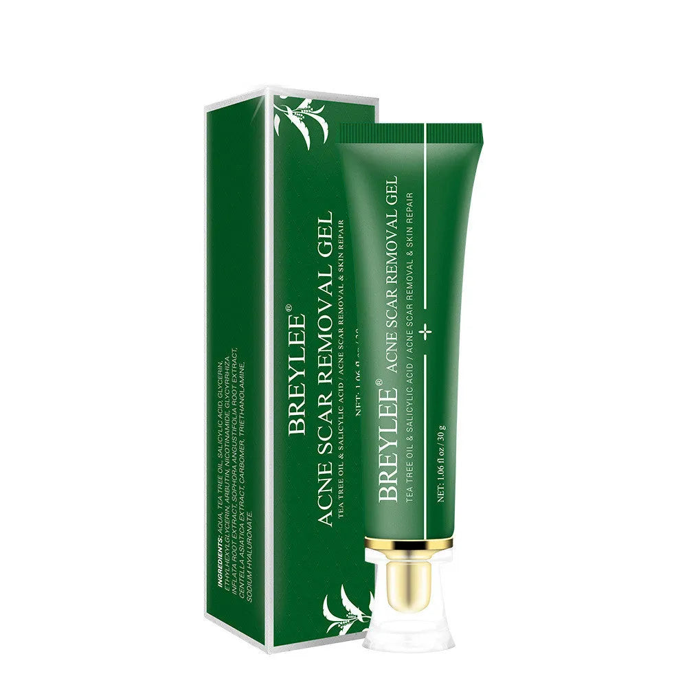 Green tube of acne scar removal gel with tea tree oil, 30g size, on white background