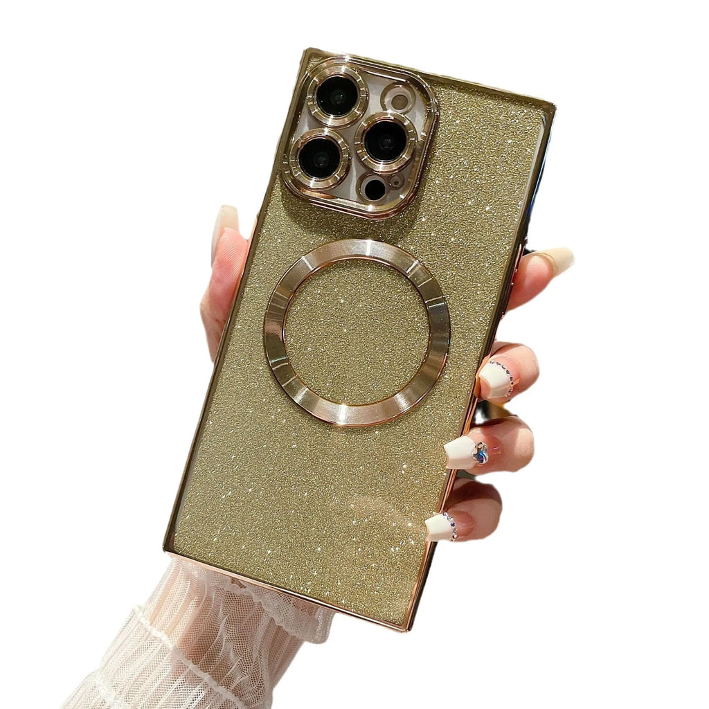 Square electroplated transparent solid colour magnetic phone case for iPhone, TPU PC, fall protection