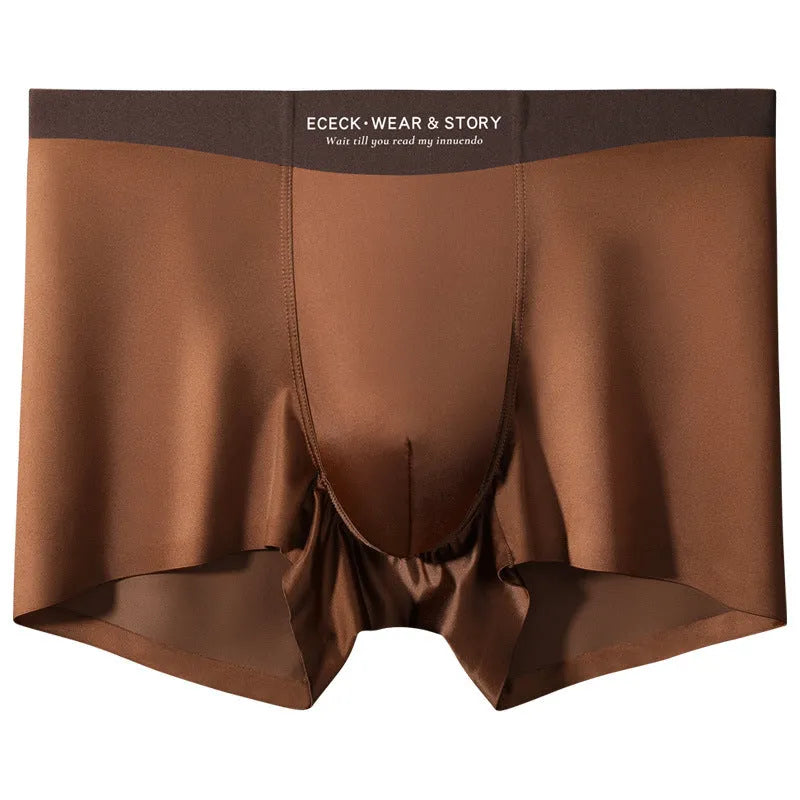 Men's solid colour ice silk seamless underwear shown in various colours including white, brown, gray, and blue.