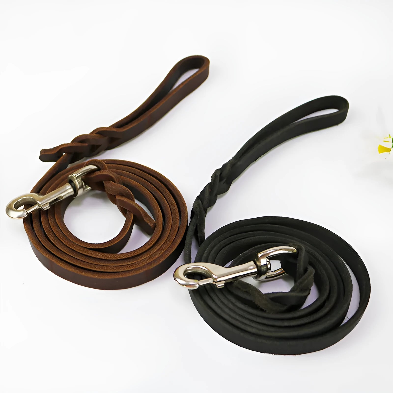 Cowhide leather dog walking rope with leather handle in light brown colour