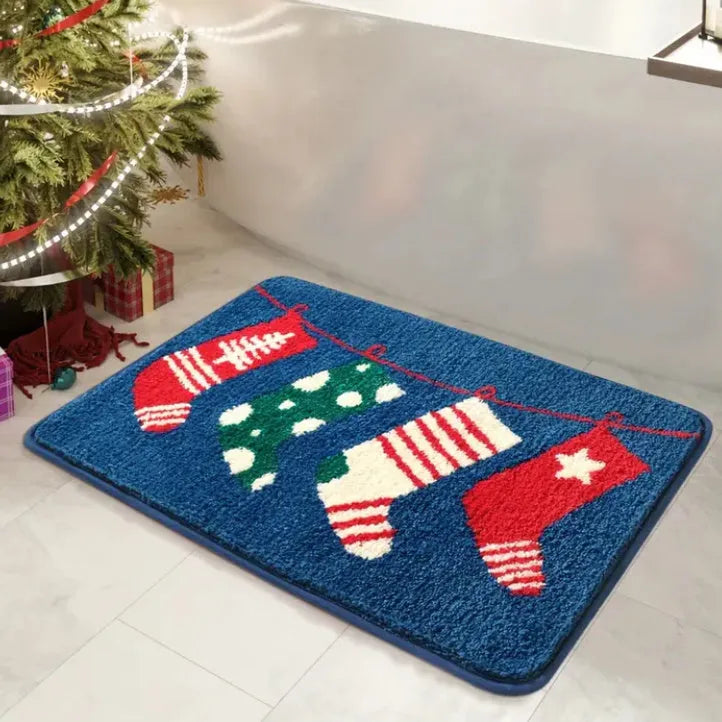 Cartoon plush bathroom mat 50x80cm thickened non-slip polyester fiber Christmas Stockings design