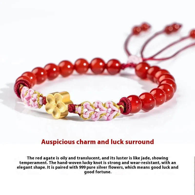 Hand-woven red rope bracelet with diamond crystal and peach blossom design