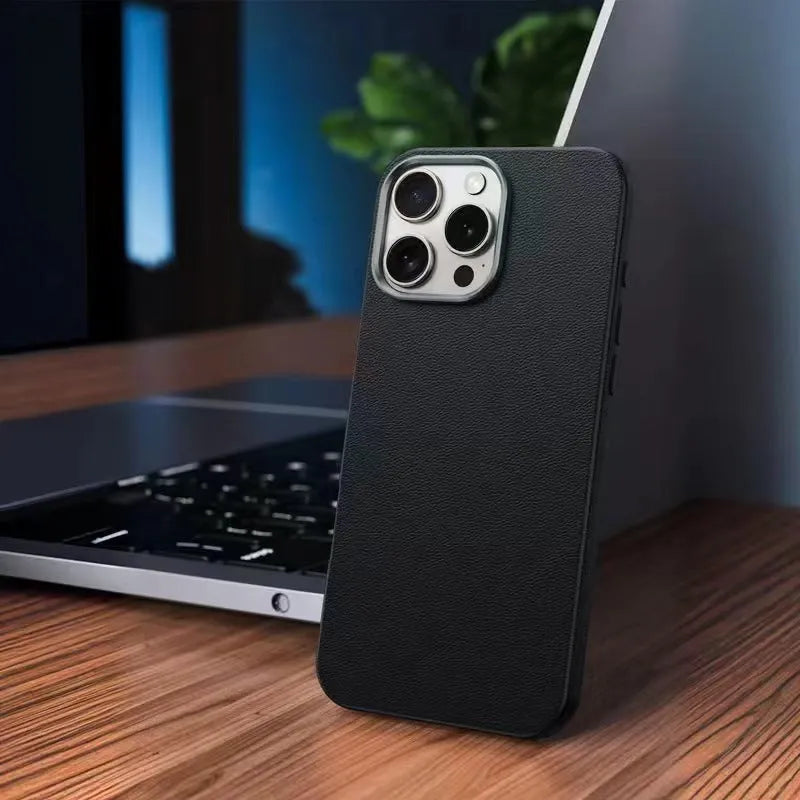 Frosted TPU phone case with plain leather pattern for iPhone drop protection in black