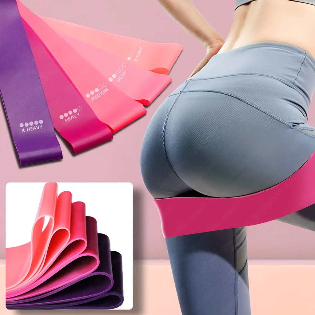 Set of 4 resistance bands in purple, pink, blue, and grey on a white background