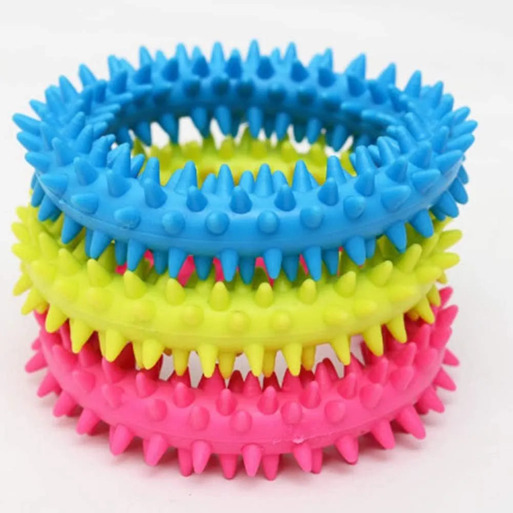 Blue spiky circle ring dog chew toy made from TPR for dental cleaning and bite training