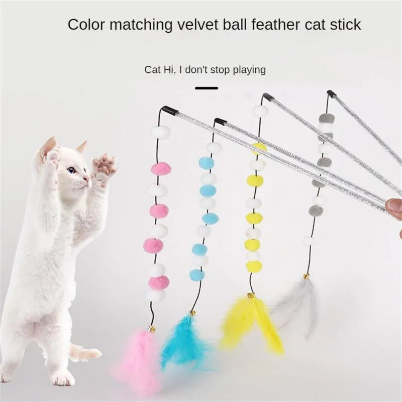 Acrylic pompon cat teaser stick with feather attachments and bell, 31cm long in multiple colours