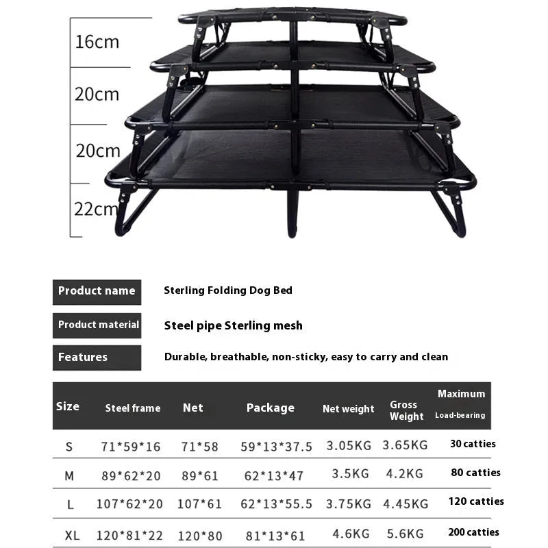 Folding steel frame dog camp bed with grey mesh fabric and a mattress in size large.