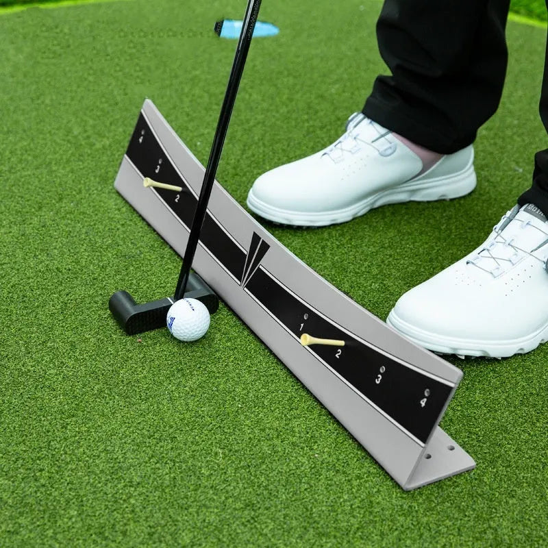 Adjustable golf putter trajectory balance simulator with push rod on a green carpet
